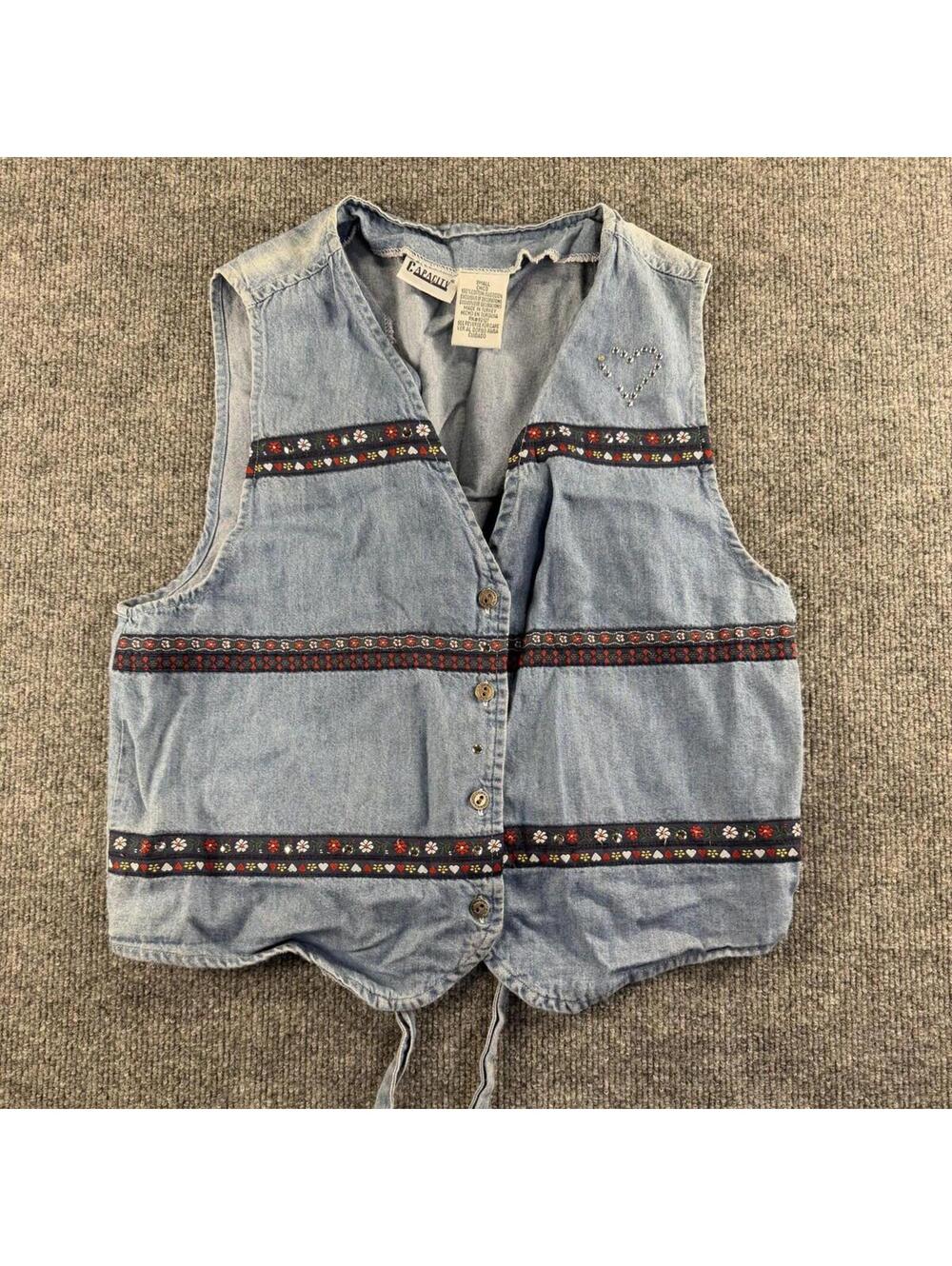 VTG Capacity Denim Vest Embroidered‎ Floral Stripes - Western, biker, cowboycore